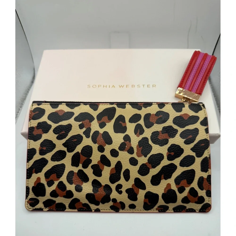 Sophia‎ Webster Leopard Zebra Print Leather Pouch Wristlet Clutch Bag Tan Pink